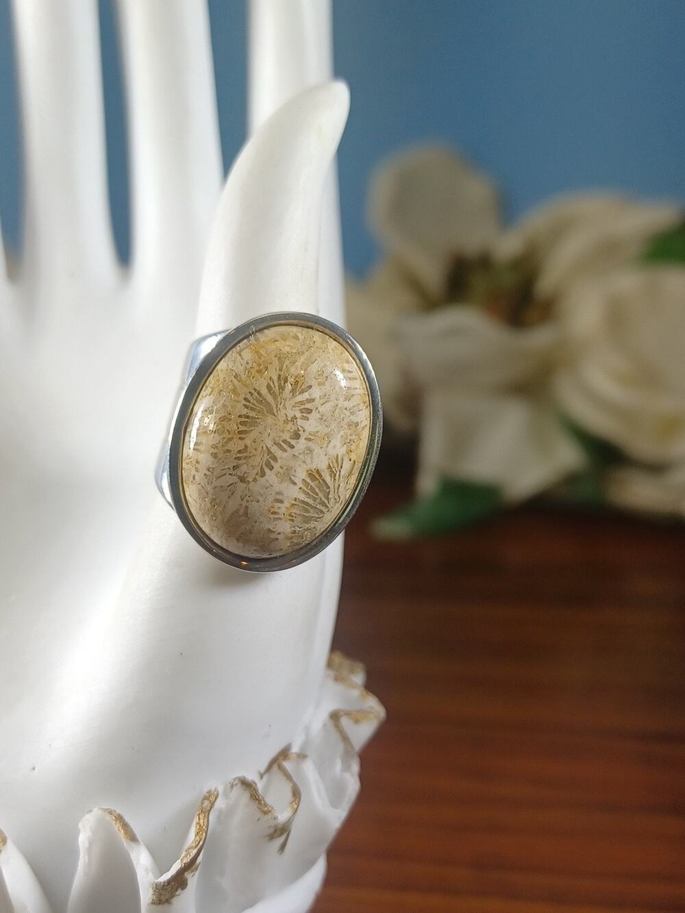 Fossilzed Coral Sterling Silver 925 Ring Desert Rose Trading Size 5.5 Unique Fun